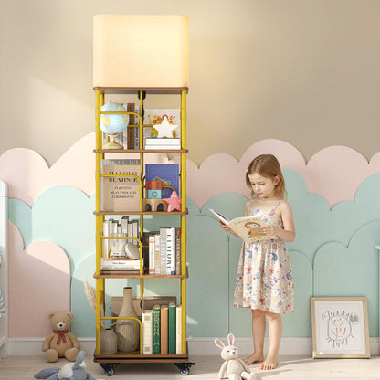 Quikraen 4-tier Rotating Bookshelf with LED and Lockable Castors，Gold+Brown