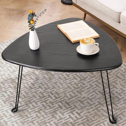 FEUFOAM Black Folding Coffee Table Small Oval Coffee Tables Wooden Triangle Floor Desk for Sitting on the Floor Mid Century Modern Center Sofa Table