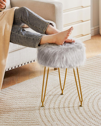 IBUYKE Faux Fur Vanity Chair, Furry Makeup Stool Ottoman, Gray L/G-32G
