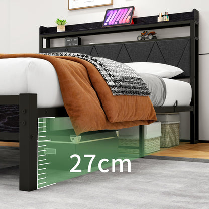 VERFARM 4ft6 Double Size Bed Frame with LED Lights Storage Upholstered Headboard and Charging Station, Solid Metal Platform Bed Double Size