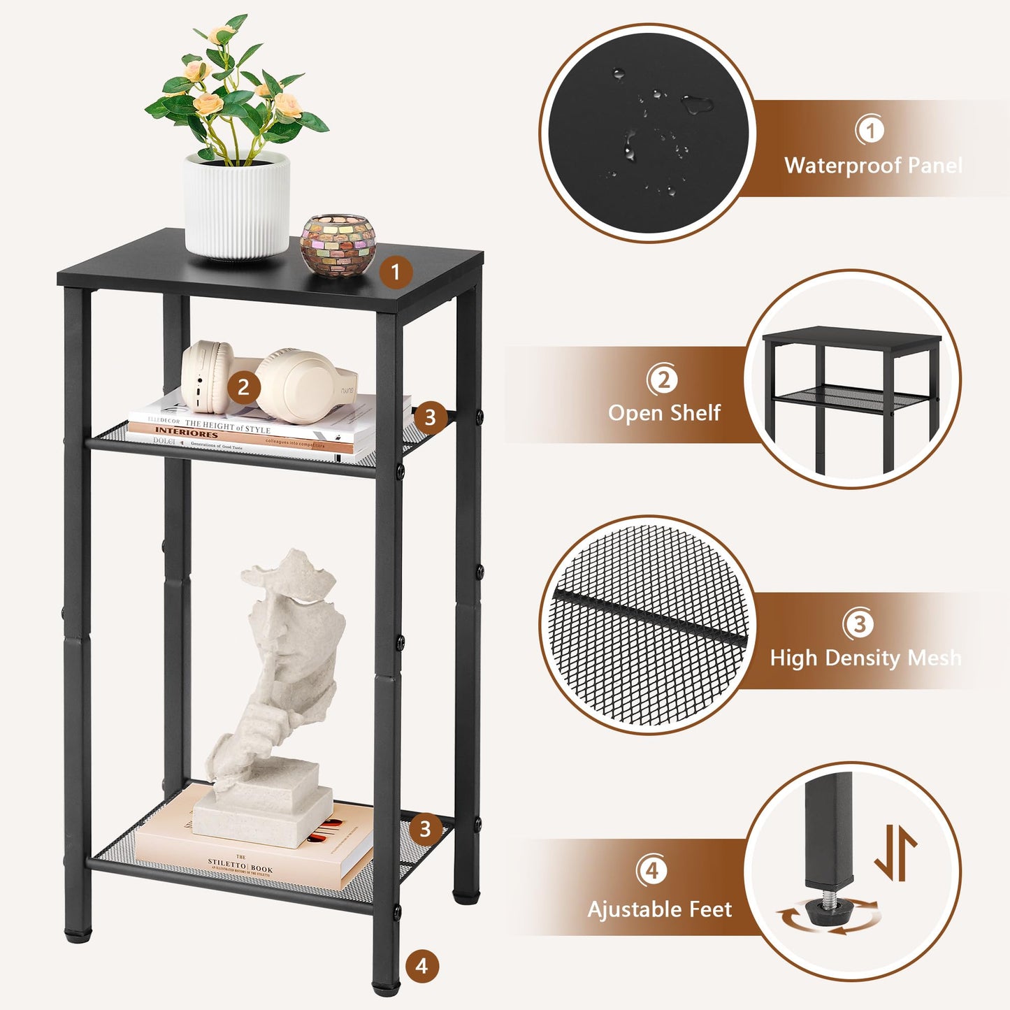 Hoctieon 2-Set 3 Tier End Table, Telephone Table Set of 2, Tall Side Table with Storage Set of 2, Small Nightstand for Small Spaces, Metal Frame