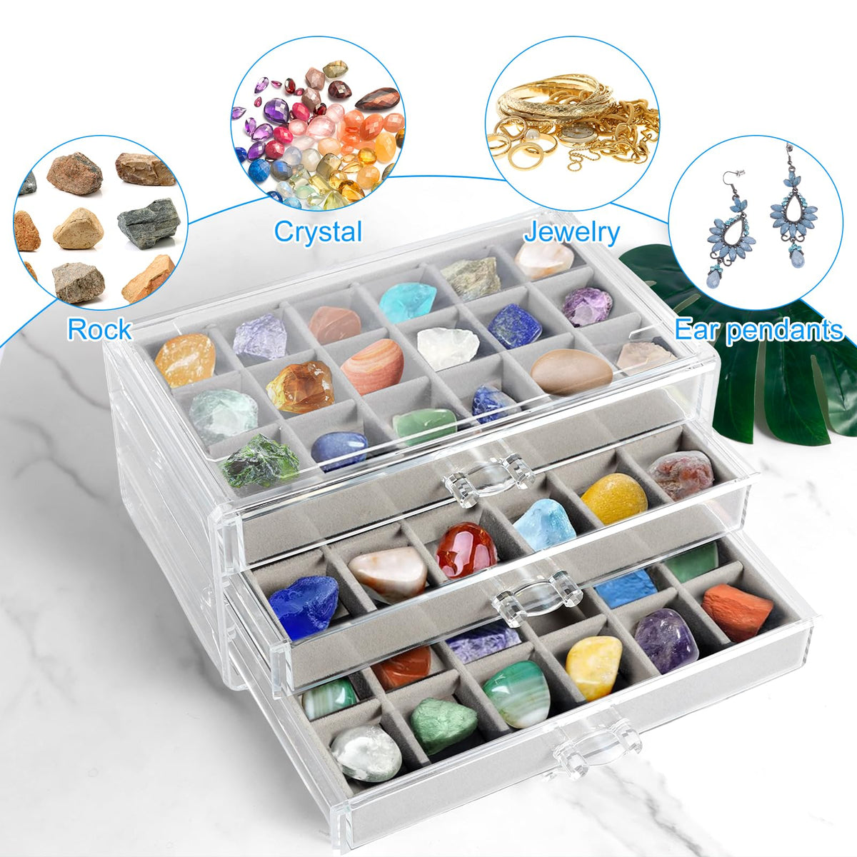 Rock Display Case With 3 Drawers - 54 Grids Collection Box for Clear Crystals, Gemstones, and Kids' Rocks