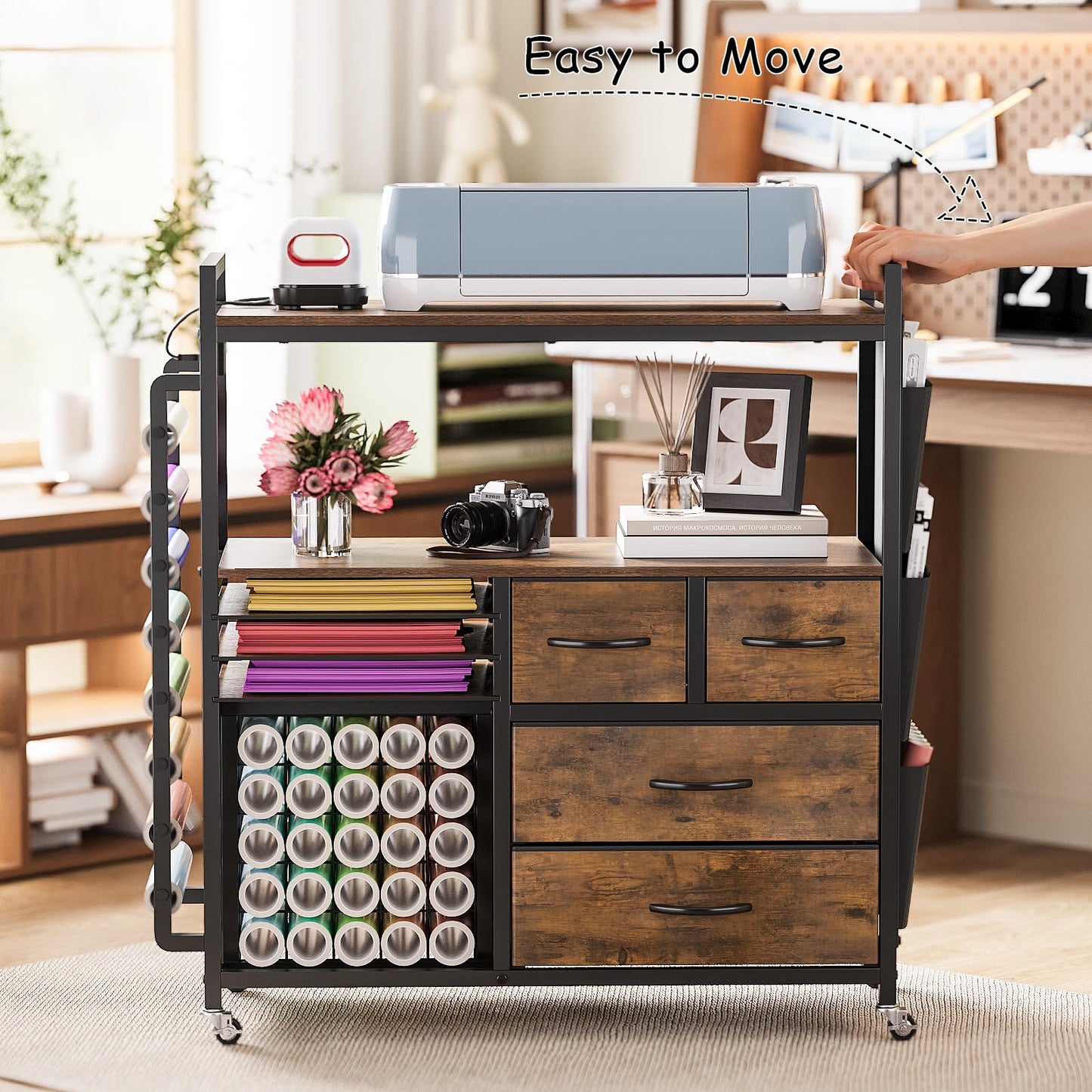 VEDECASA Large Craft Storage Rolling Cart for Cricut Machine, Craft Organizer Trolley with Fabric Drawers, Vinyl Roll Holder