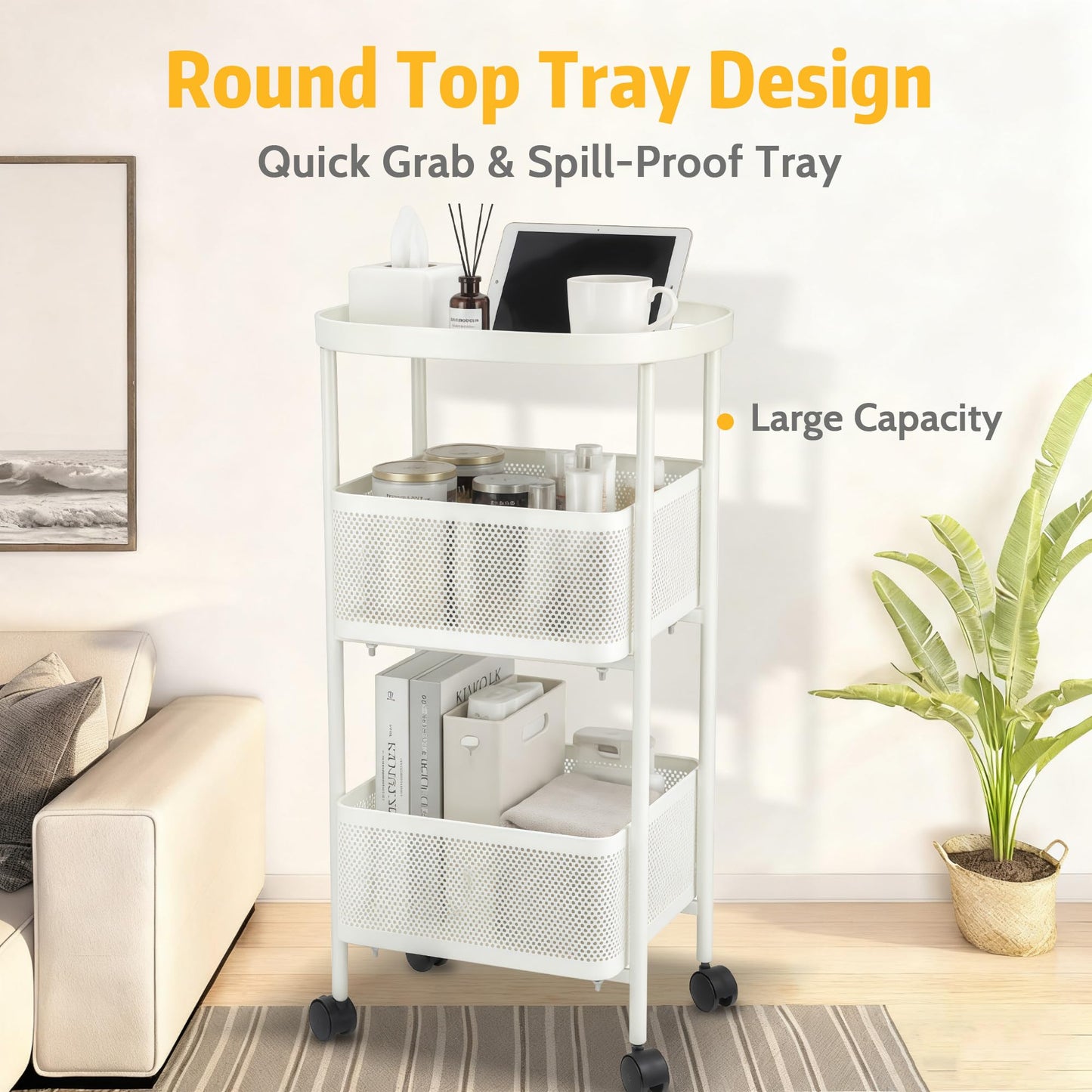 PLSOPPKG 3 Tier Rolling Cart, Metal Utility Storage Carts with Wheels, Craft Cart Organizer, Mesh Basket for Bedside Kitchen Office Art, Milky White