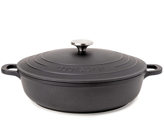 Non-Stick Aluminium Pot with Lid  Sturdy Shallow Dutch Oven  Casserole Pot with Ergonomic Handles  3.9L, 28cm Oven Safe Cooking Pot  by Nuovva
