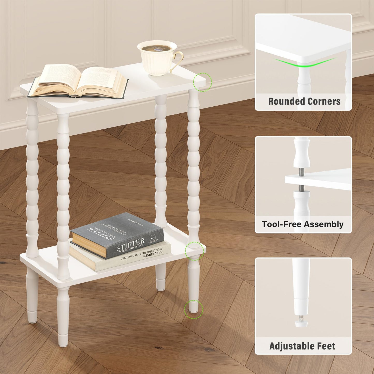 TUTOTAK Narrow Side Table, 2-Tier Small End Table with Storage, Slim Skinny Nightstand for Small Spaces, Living Room, Bedrooms, White TB01BW001EU