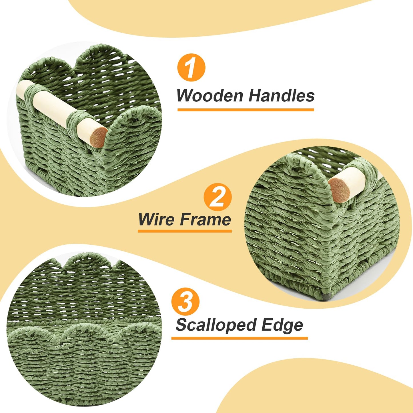 Yiomxhi 2 Pcs Wicker Storage Baskets, Woven Organizer Bins with Wooden Handles, Rope Scalloped Edge Toilet Paper Baskets for Bathroom, Shelf, Kitchen