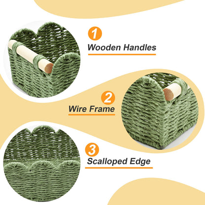 Yiomxhi 2 Pcs Wicker Storage Baskets, Woven Organizer Bins with Wooden Handles, Rope Scalloped Edge Toilet Paper Baskets for Bathroom, Shelf, Kitchen