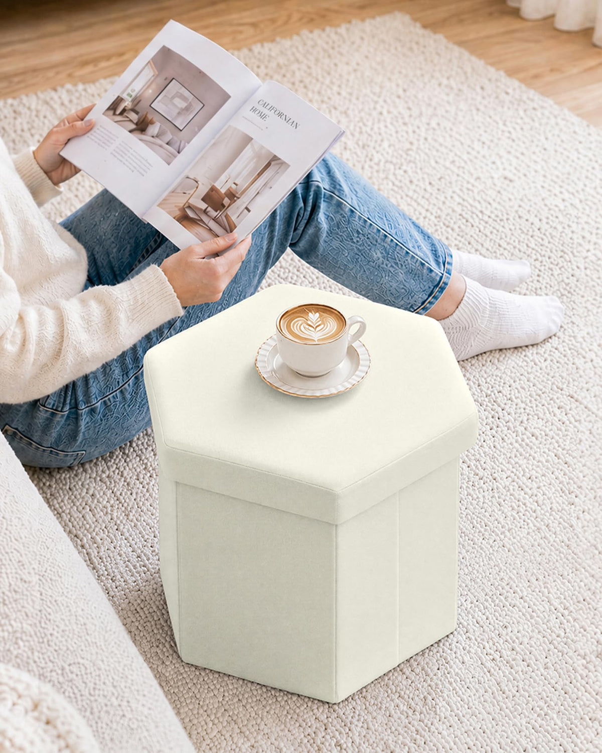 Bonlife Folding Storage Ottoman Hexagonal, Footrest with Toy Ches Box, 43cm