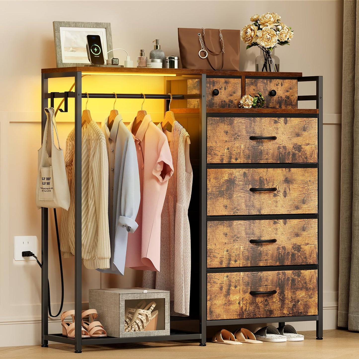 Coleshome Chest of Drawers Bedroom with Hanging Rail, 110x30x106cm, Vintage