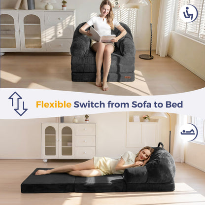 MAXYOYO Folding Sofa Bed with Backrest, Boneless Fold Out Couch Bed with Handle, 2 in 1 Convertible Bean Bag Chair to Floor Sofa Lounger