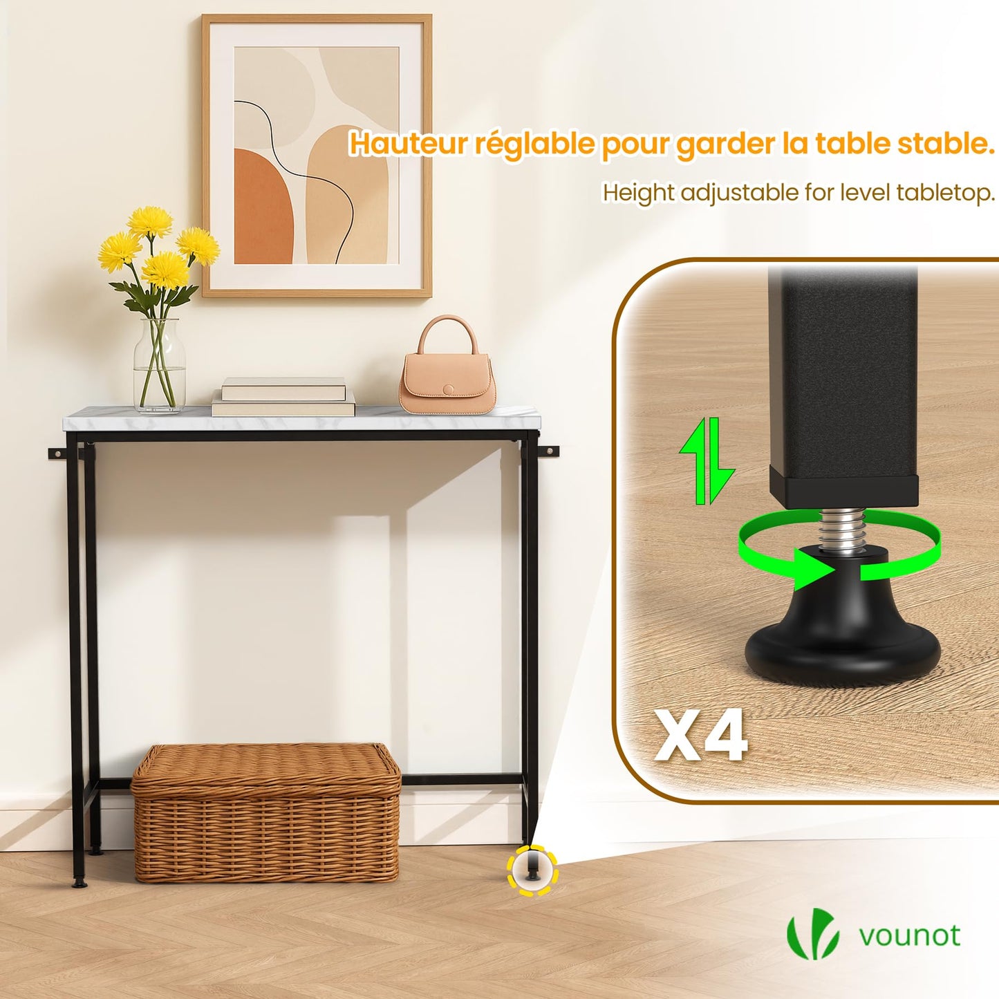 VOUNOT® Slim Console Table, Metal Frame Entryway Table, Small Sofa Side Table for Hallway, Living Room or Bedroom, 75x24x75 cm, White