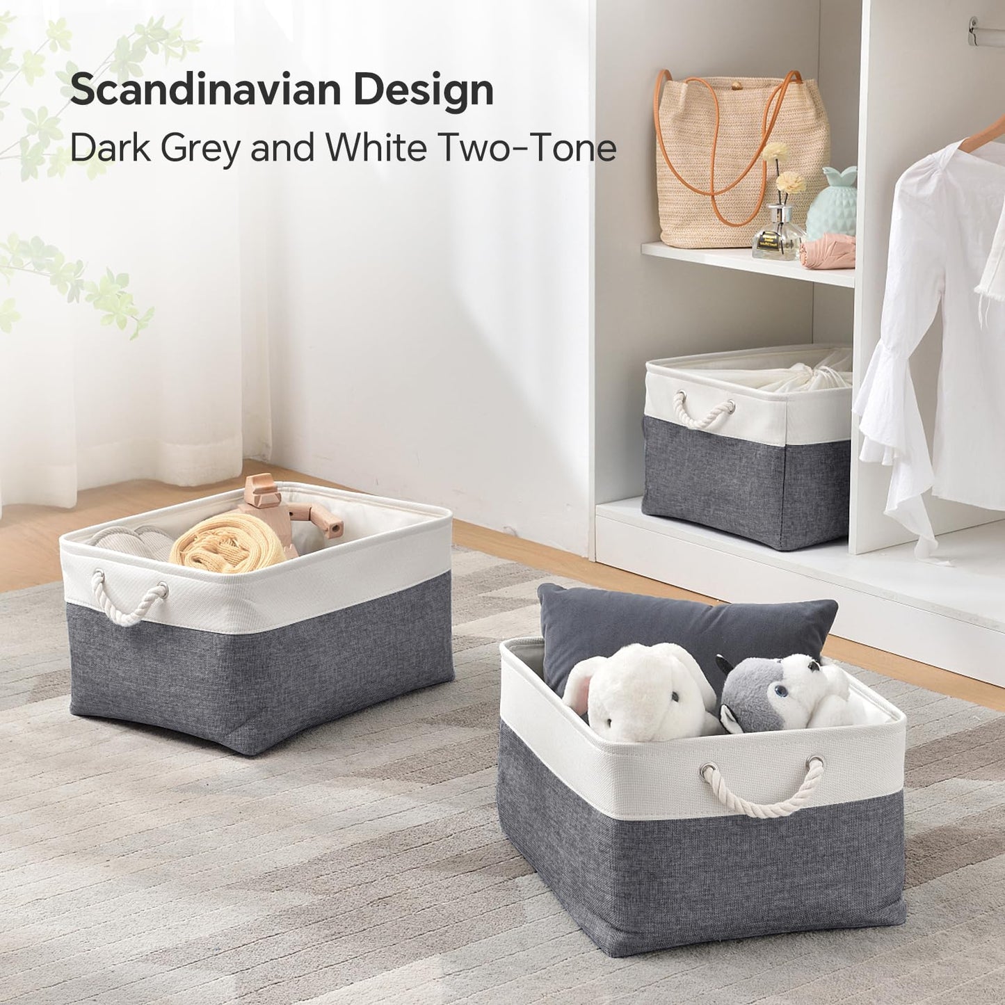 Mangata Set of 3 Soft Fabric Storage Baskets with Rope Handles, 41x31x18 cm, Rectangular Shelf & Wardrobe Organiser Boxes