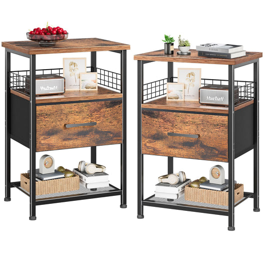 LAKEMID NightStand Set of 2, BedSide Tables with Fabric Drawer, End Table with Metal Fence,3-Tier Storage Side Table with Mesh Shelf, Night Stand for