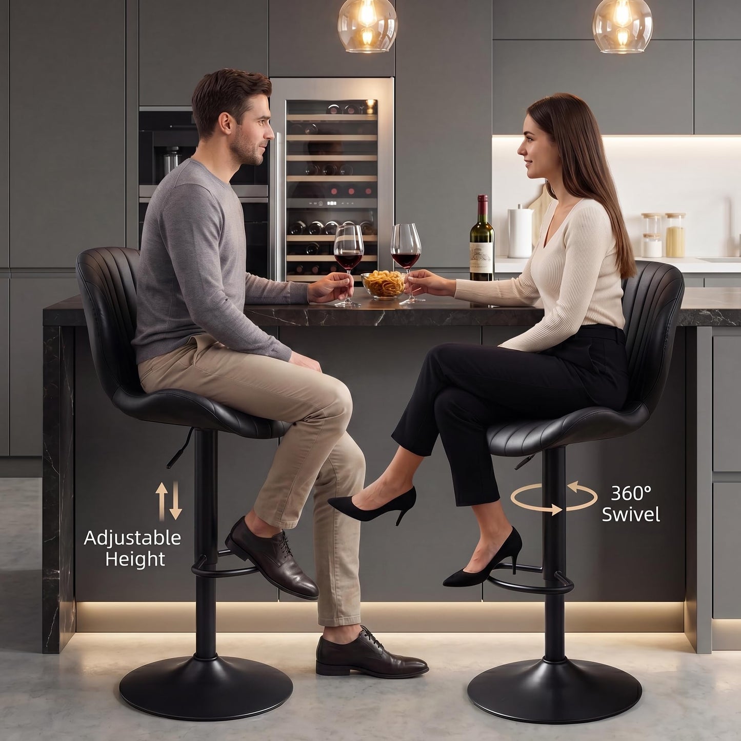 Bar Stools Set of 2, 360°Swivel Bar Chairs, Kitchen Dining Stools, Black