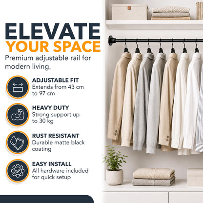 Extendable Wardrobe Rail 43-97cm, Heavy Duty Metal Wardrobe Pole, Wardrobe Rails and Fittings for Cupboards, Closets