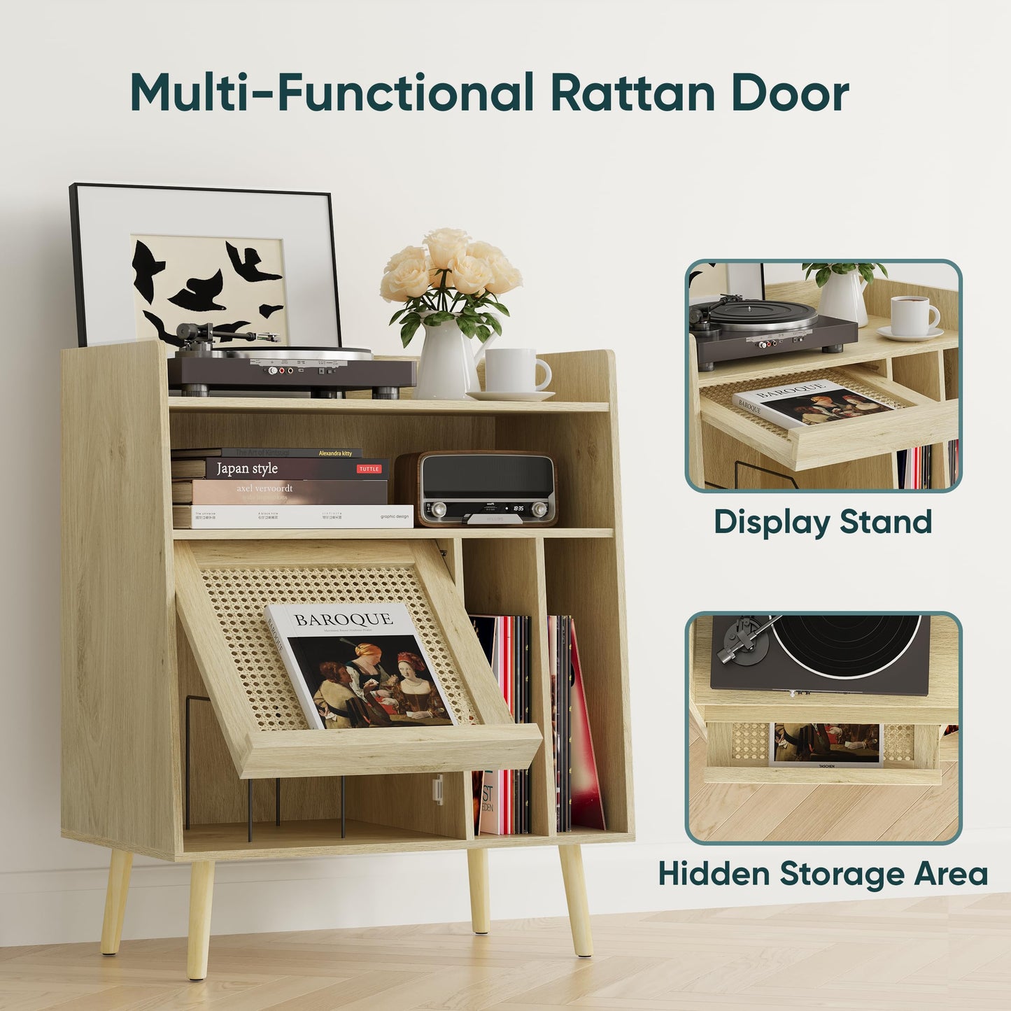 Semiocthome Record Player Stand with Vinyl Storage, Record Player Table with Storage Shelf, Turntable Stand with Rattan Cabinet Door