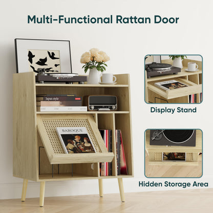 Semiocthome Record Player Stand with Vinyl Storage, Record Player Table with Storage Shelf, Turntable Stand with Rattan Cabinet Door