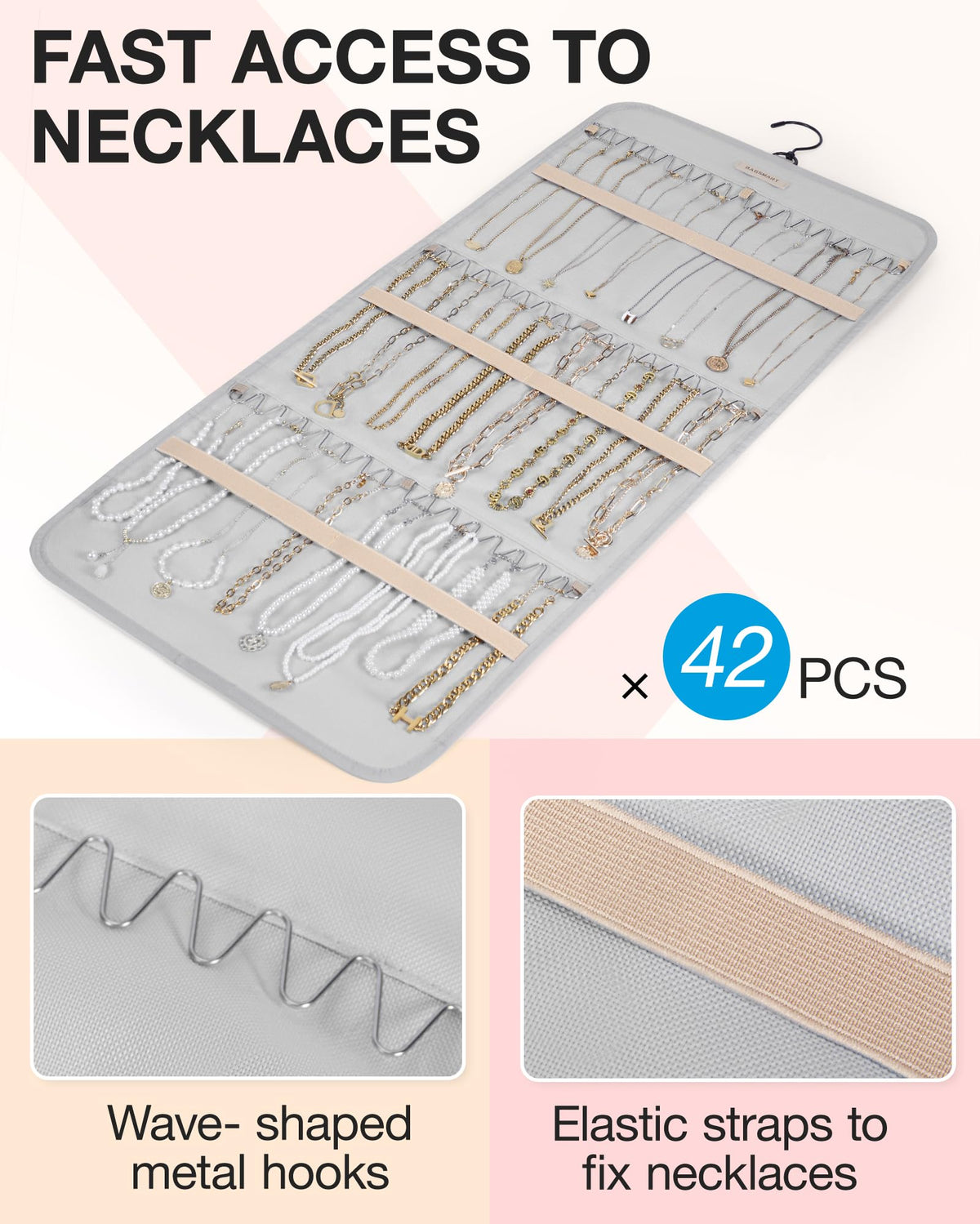 bagsmart Dual-sided Jewellry Organizer Hanging with Metal Hooks,40 Pockets and 3 Wave-Shaped Hooks,Jewelry Roll for Earrings,Necklaces,Rings on