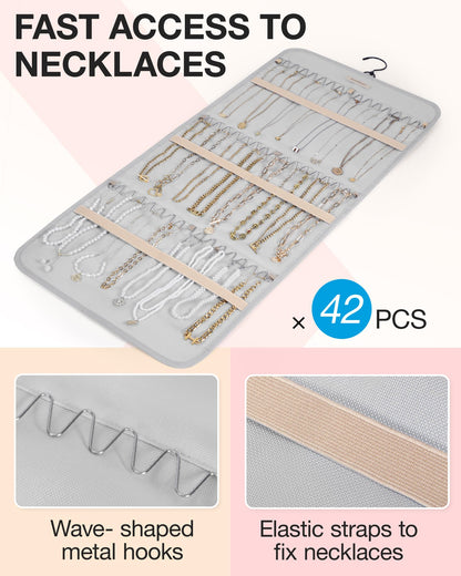 bagsmart Dual-sided Jewellry Organizer Hanging with Metal Hooks,40 Pockets and 3 Wave-Shaped Hooks,Jewelry Roll for Earrings,Necklaces,Rings on