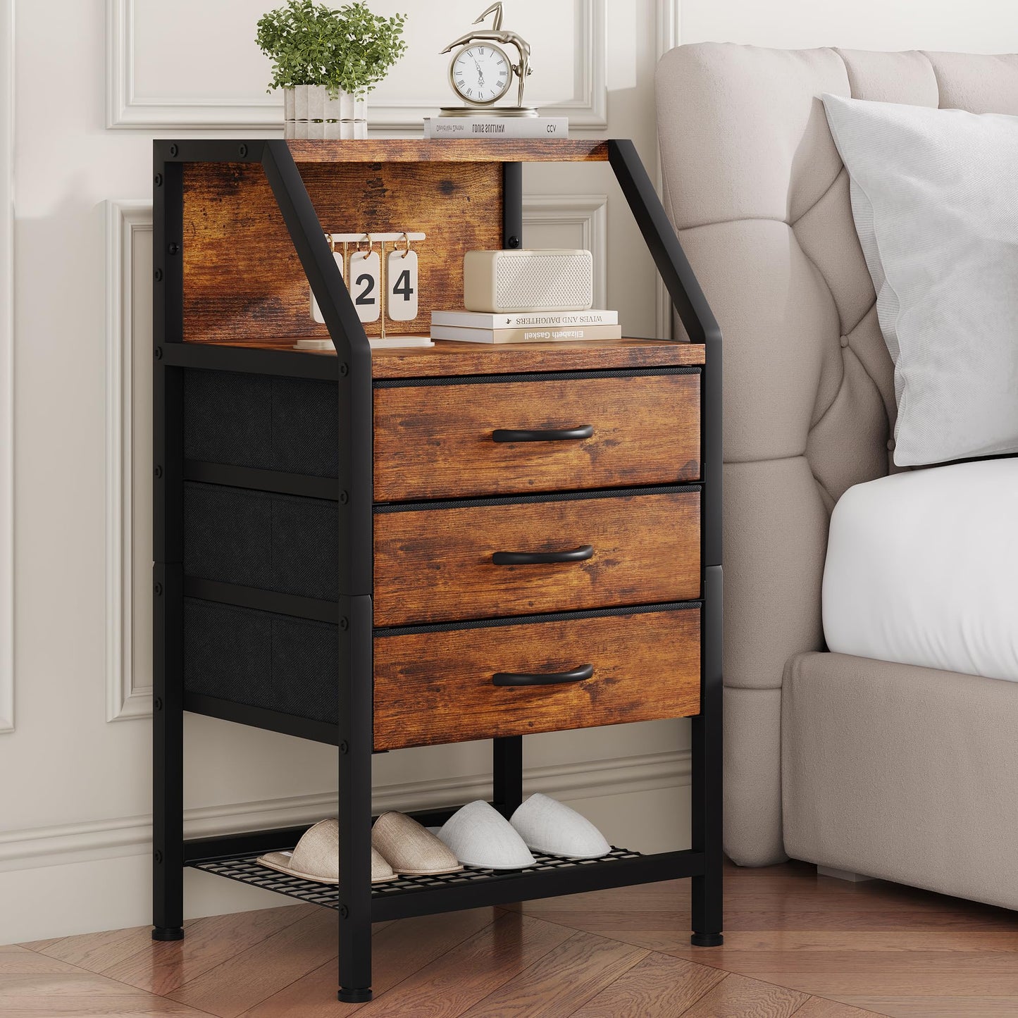 Feonase Bedside Table Wide with 3 Fabric Drawers & Open Shelf Suitable For Bedroom Bed Side Tables, Sofa Side Tables