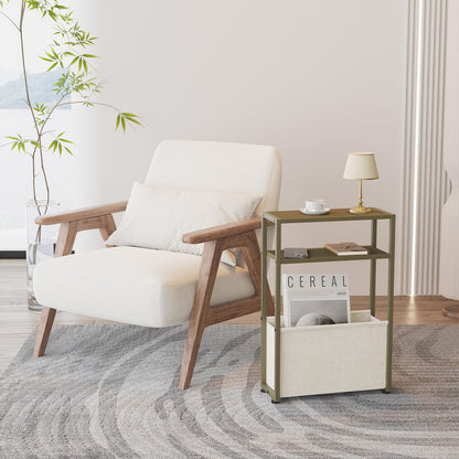 JERX Narrow Side Table with Fabric Basket, End Table for Small Spaces, Slim Side Table with Magazine Rack for Living Room Office Bedroom and Bathroom
