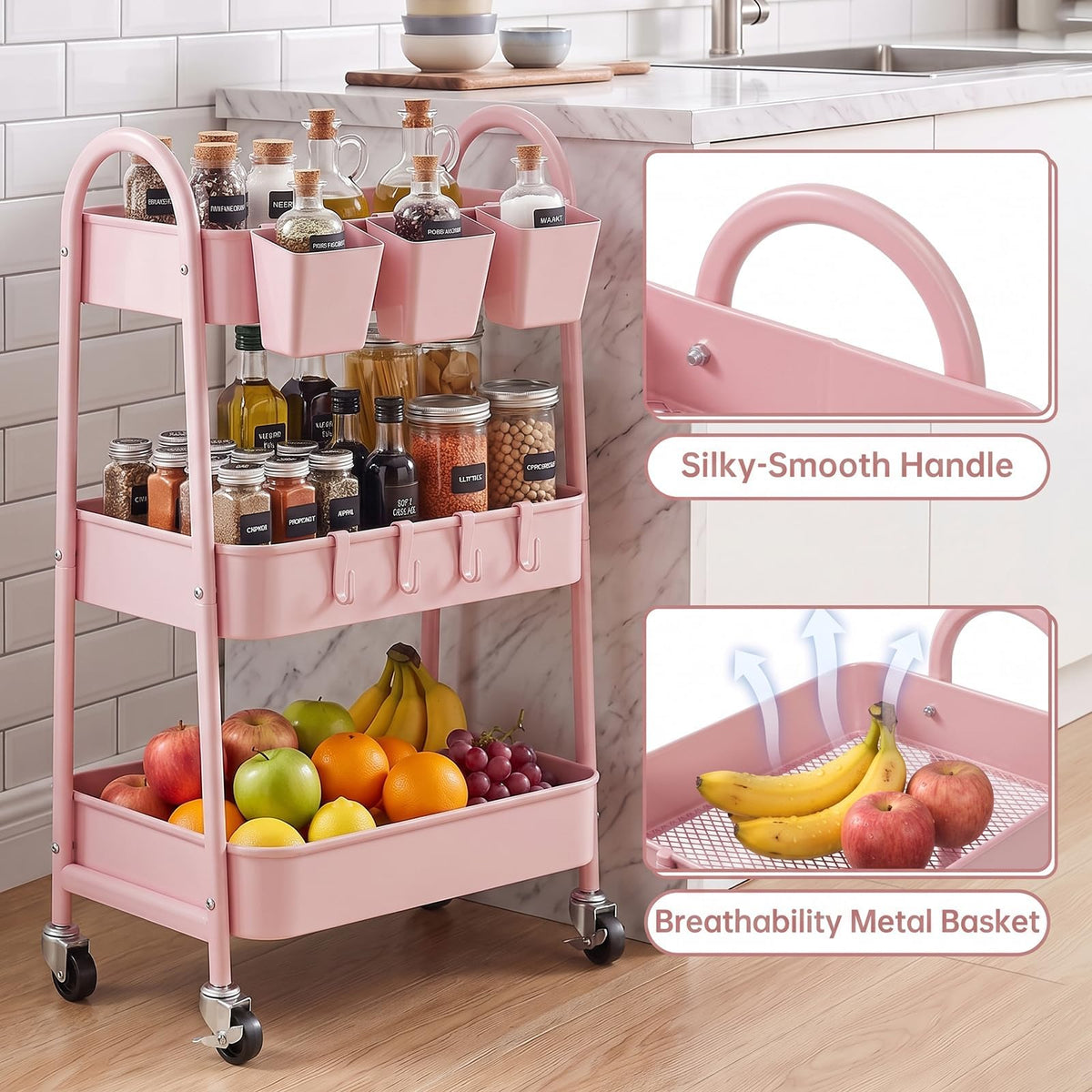 danpinera 3-Tier storage trolley, Metal storage cart with Lockable Wheels & Hanging Cups & Hooks, storage trolley on wheels for bathroom, kitchen