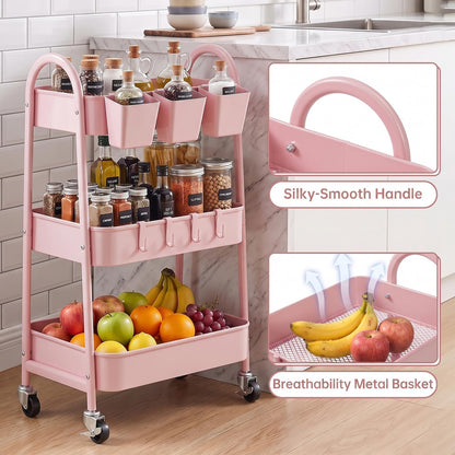 danpinera 3-Tier storage trolley, Metal storage cart with Lockable Wheels & Hanging Cups & Hooks, storage trolley on wheels for bathroom, kitchen