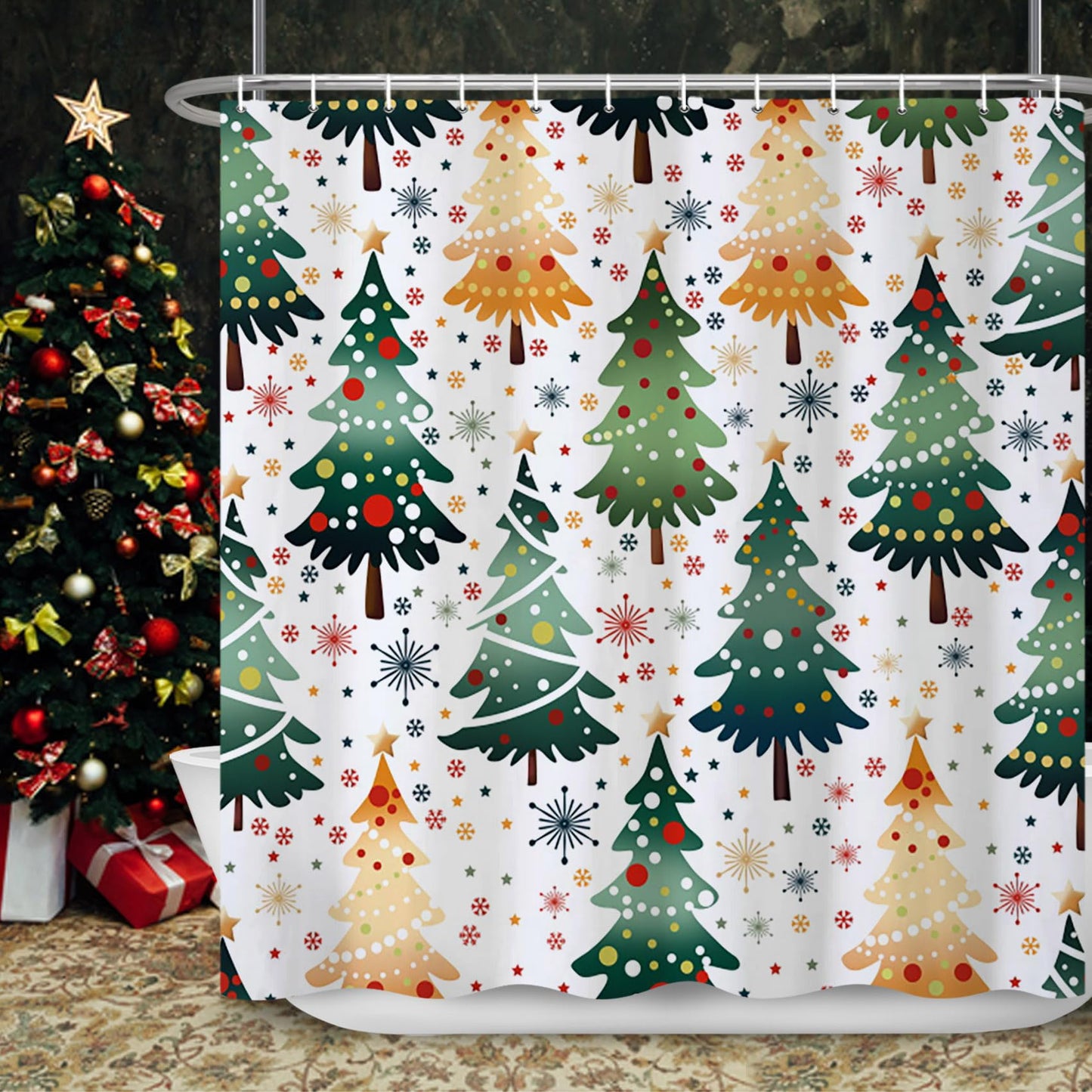 Ttincceer 71x71inch Christmas Tree Shower Curtain Cartoon Xmas Tree Firework Snowflake Washable Bathroom Curtain Green Orange Pine Tree Winter Holiday