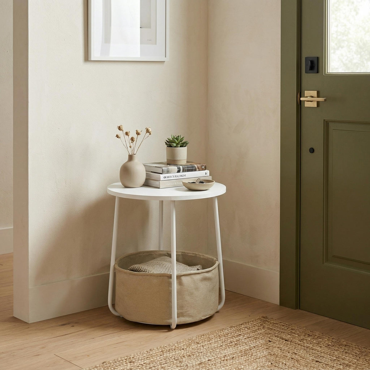 FurnitureR End Table, Small Bedside Table with Fabric Storage Basket, Modern Nightstand, 45 cm White Top, for Living Room, Bedroom