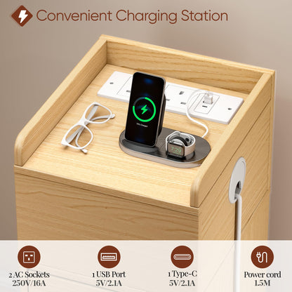 Quikraen Slim Bedside Table with Sensor LED Light and Charging Station