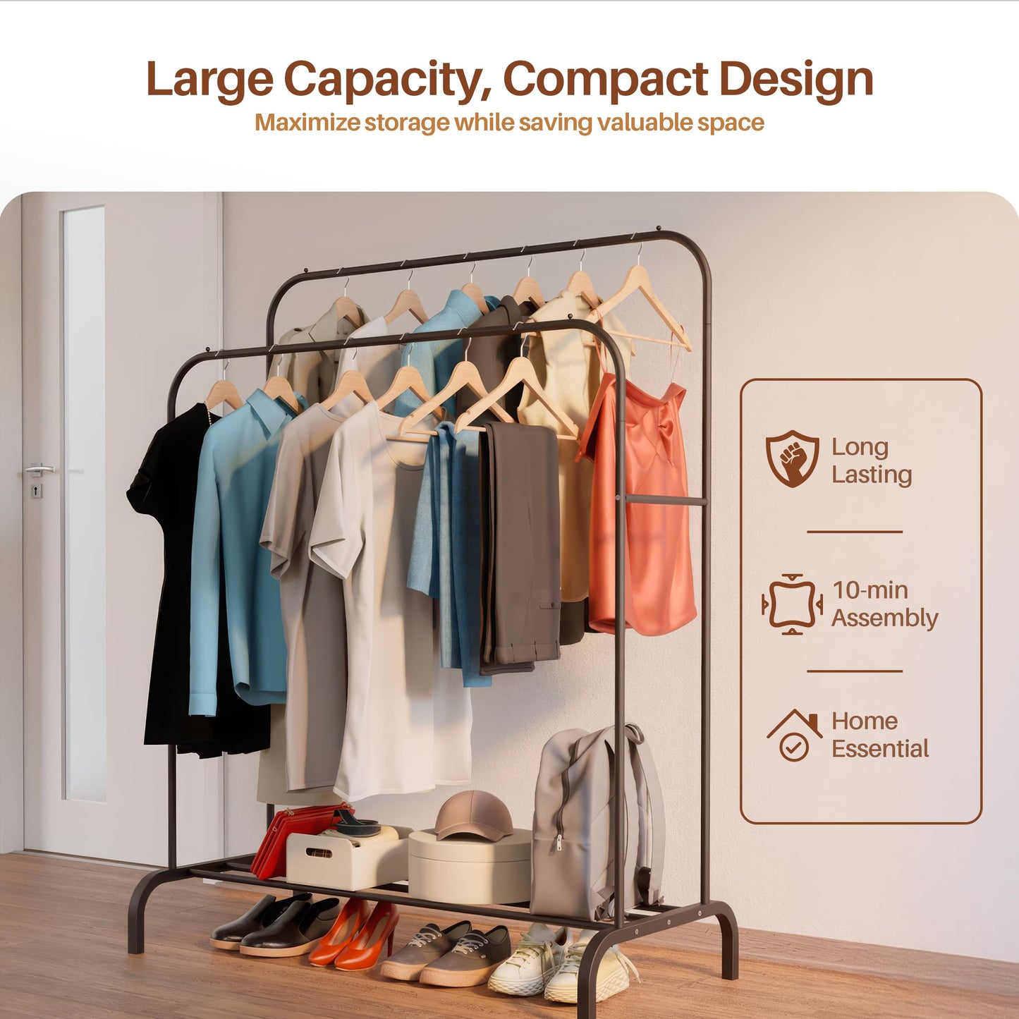 PORTENTUM Heavy duty clothes rail in steel – up to 35 kg – with double rail and shoe shelf – Clothing rack with non-slip feet