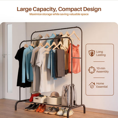 PORTENTUM Heavy duty clothes rail in steel – up to 35 kg – with double rail and shoe shelf – Clothing rack with non-slip feet