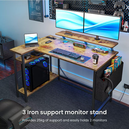 DOMSHOCT L Shaped Gaming Desk with LED Lights & Power Outlets, 120 * 80cm Corner Computer Table with Storage Bag & Adjustable Shelves & Large Monitor