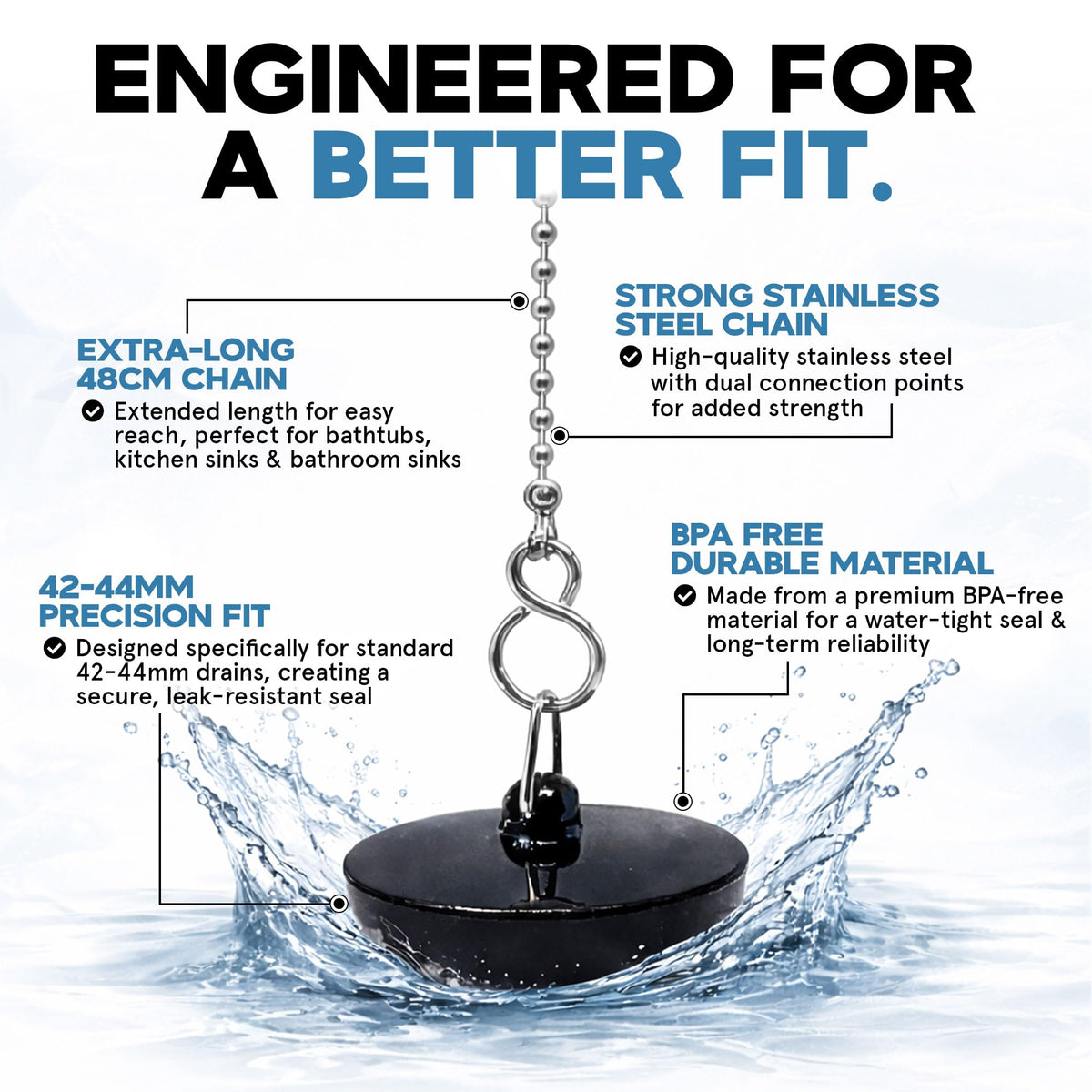 Smith’s® (42mm-44mm) Black Plug & Chain - Bathtub, Bathroom, & Kitchen Sink Plug | 48cm Strong Stainless Steel Ball Chain With S-Hooks