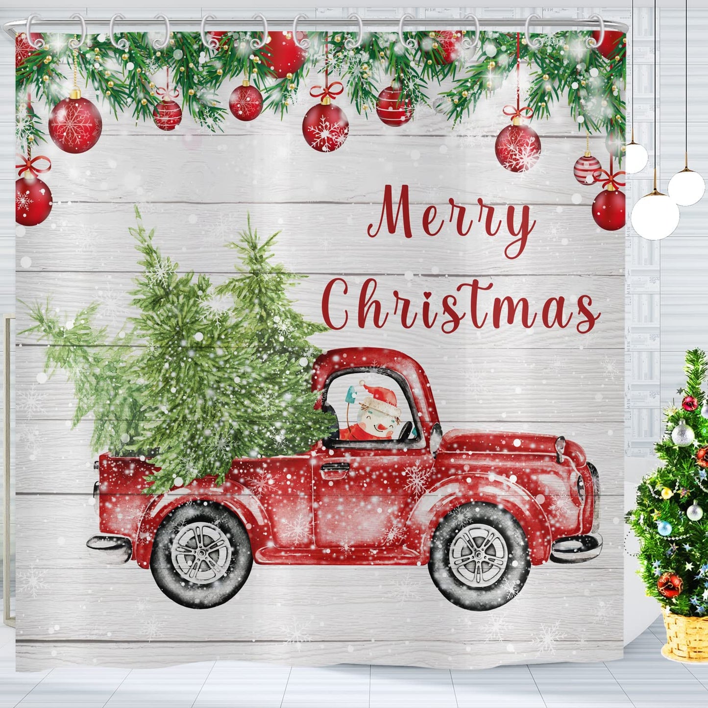 ASDCXZ Christmas Shower Curtain 180 x 200 cm, Retro Wood Grain Red Truck Snowman Christmas Tree Bathroom Washable Shower Curtains Polyester Textile