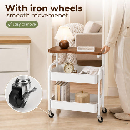 MAGIC SELECT Storage Trolley on Wheels 3 Tier. Rolling Storage Cart with Wooden Top. Metal Storage Trolley Organiser for Kitchen, Bathroom