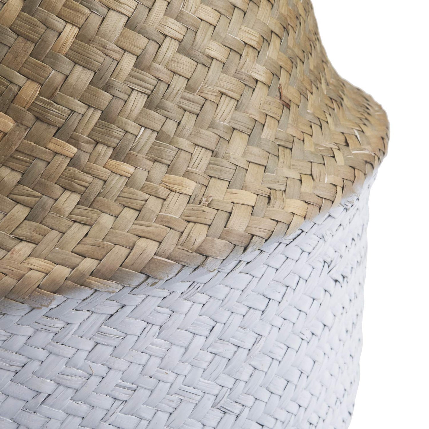 Seagrass Belly Basket Natural Woven Plant Pot Foldable with Handles for Storage Laundry Blankets Toys (Natural + White)