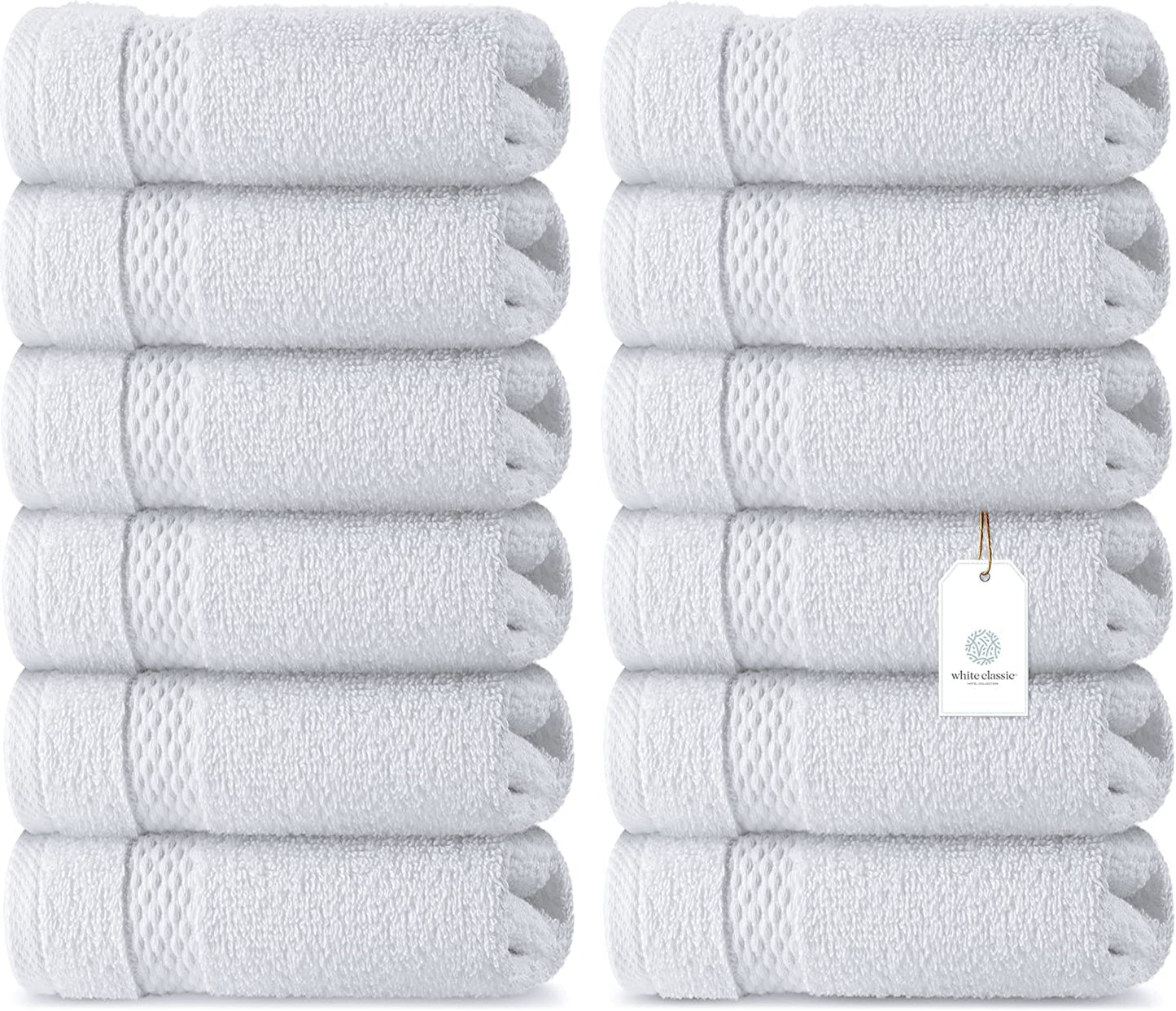 White Classic Luxury Cotton 12 Pc Flannel Set, Hotel Style Small Bath Towel Face Cloth 33x33 cm, Soft Plush White Flannels Pack of 12
