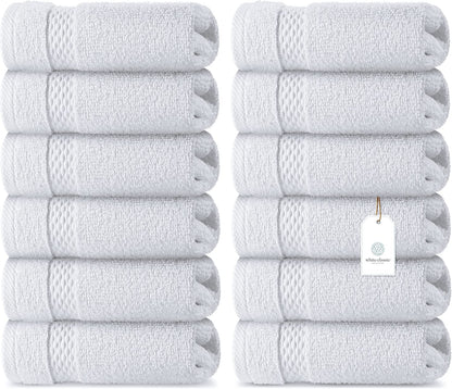 White Classic Luxury Cotton 12 Pc Flannel Set, Hotel Style Small Bath Towel Face Cloth 33x33 cm, Soft Plush White Flannels Pack of 12