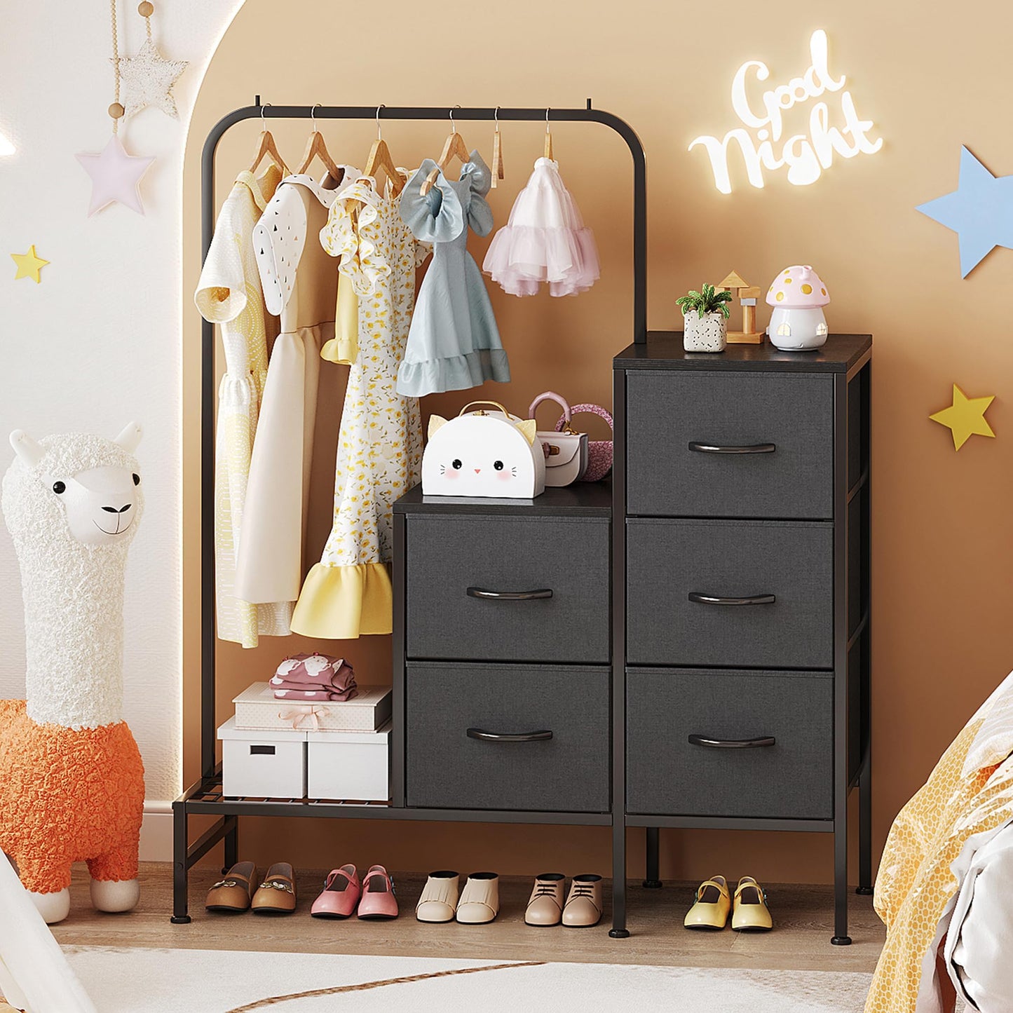 COTUBLR Chest of Drawers Bedroom, Including 4 Fabric Drawers, with a Sturdy Clothes Rail and 2 Coat Hooks