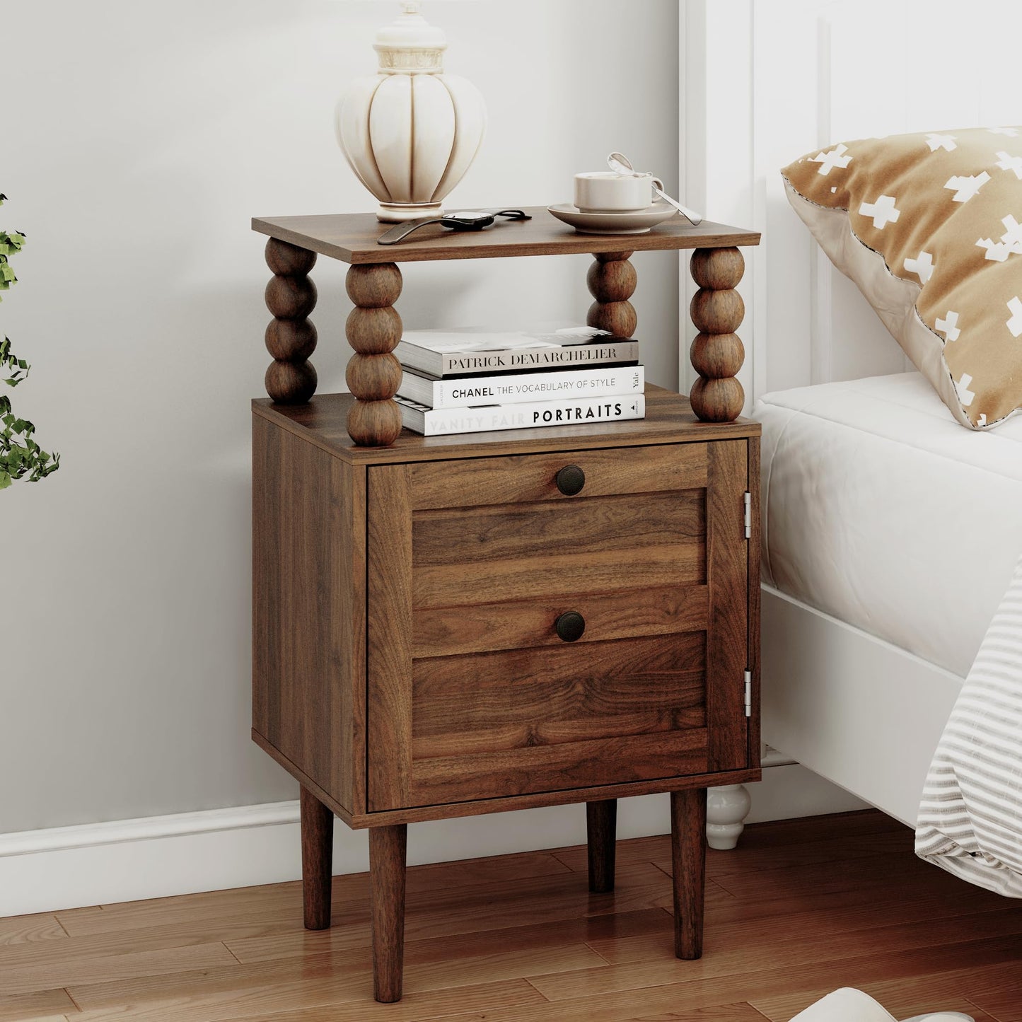JERX Wooden Bedside Table, Nightstand with Storage Drawer and Open Wood Shelf, for Living Room, Bedroom and Small Spaces Walnut Brown