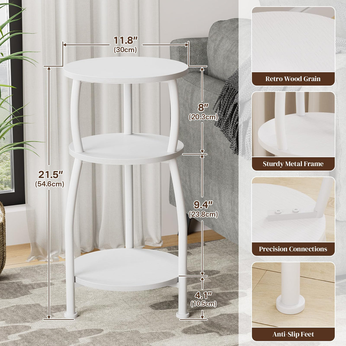 Yuede Round Side Table, 3 Tier Slim Round Coffee Table, Small End Table with Storage Shelf, Bedside Table, for Living Room, Bedroom, Small Space