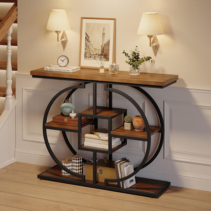 Trironsun Narrow Console Table for Hallway 4-Tier Rustic Sofa Table with Circle Metal Base Industrial Wooden Entryway Table with Storage Shelves for