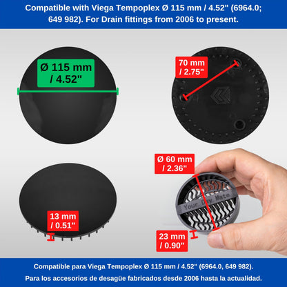 Cover and Hair Strainer Set for Shower Drain, Ø 115 mm, Compatible with Viega Tempoplex Drain Set from Model Year 2006