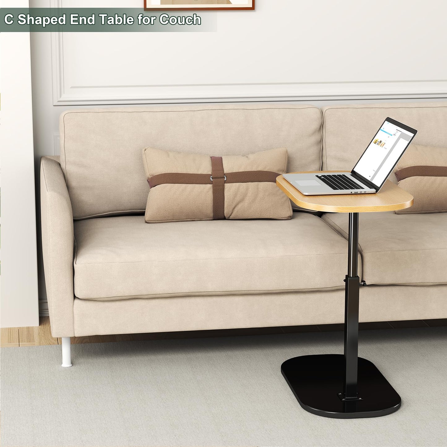 C Shaped Side Table Adjustable Height, 360°Swivel Sofa Side Table That Slide Under, Small Coffee End Table for Couch and Bedside