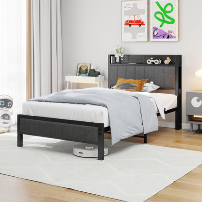MOFLUT Single Bed Frame with Storage Headboard Shelf, No Box Spring Needed