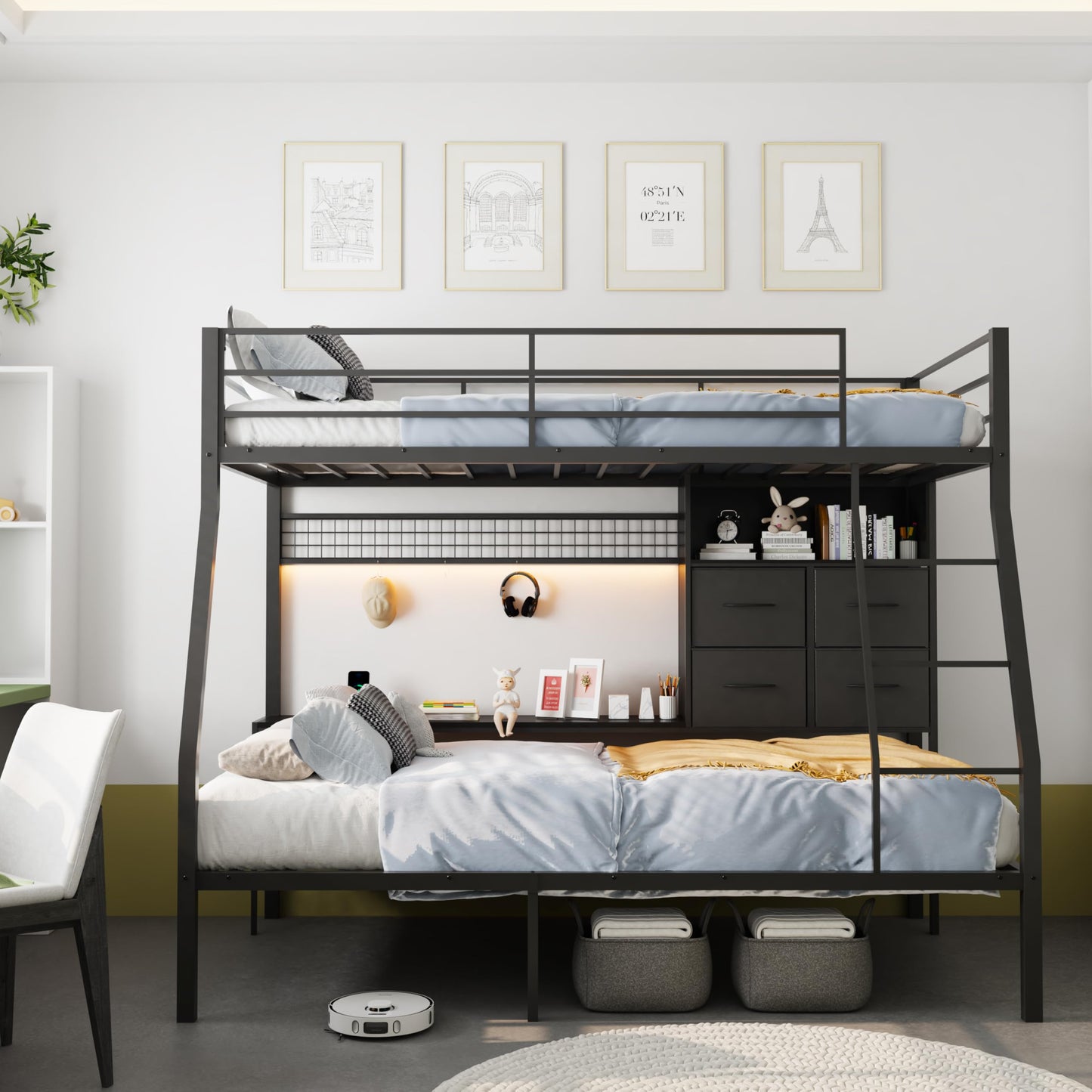 XINBEDEU Metal Bunk Bed with Desk & Storage, Modern Double Decker Bed Frame with Safety Rail, No Box Spring Needed, Sturdy Black Metal Bed for