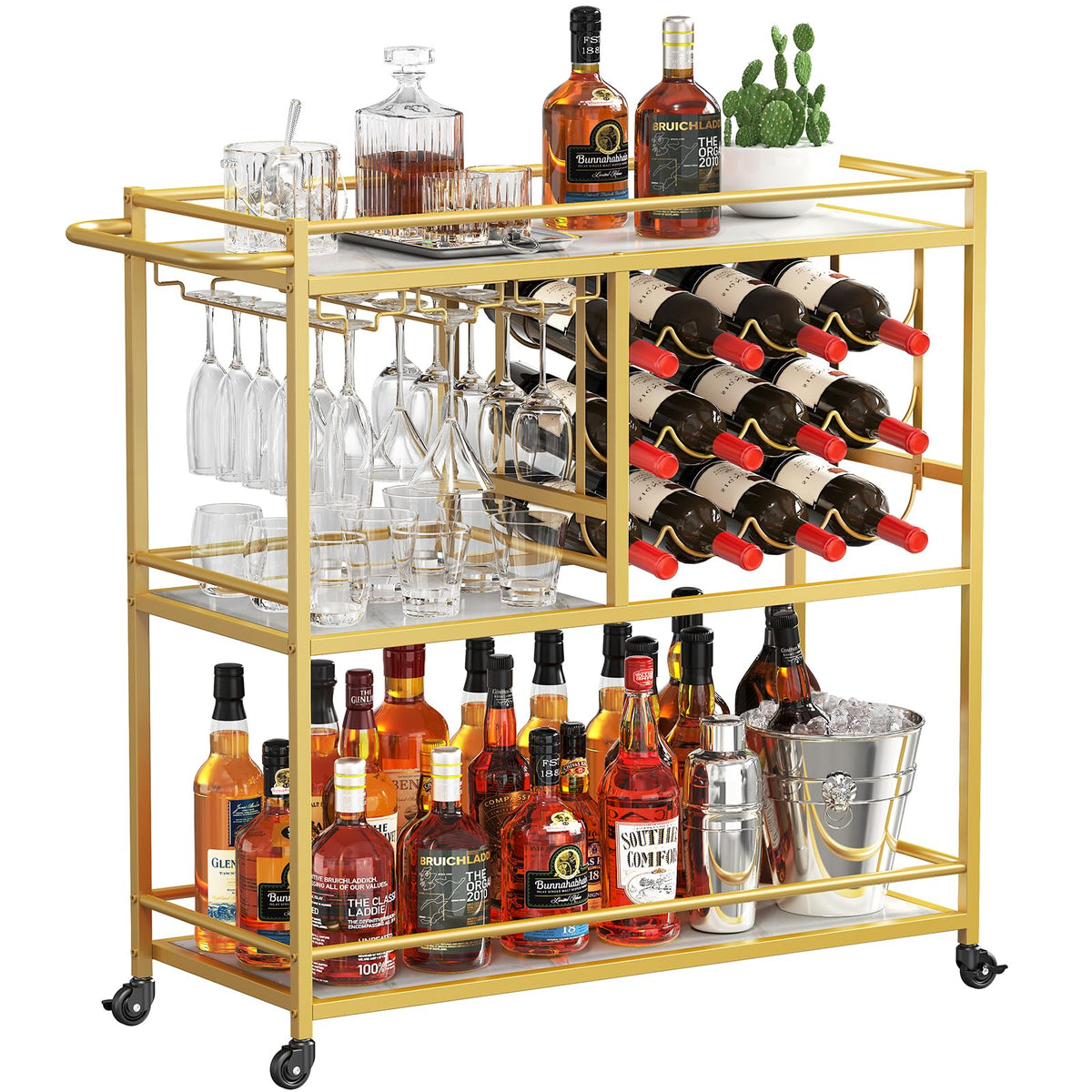 Lifewit 3 Tier Drinks Trolley with Lockable Wheels,Gold