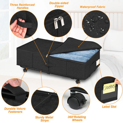 Huquter Underbed Storage on Wheels 50L, 2 Pack Foldable Under Bed Storage Box with Lid & Zip, Large Underbed Storage with Wheels Black with Metal